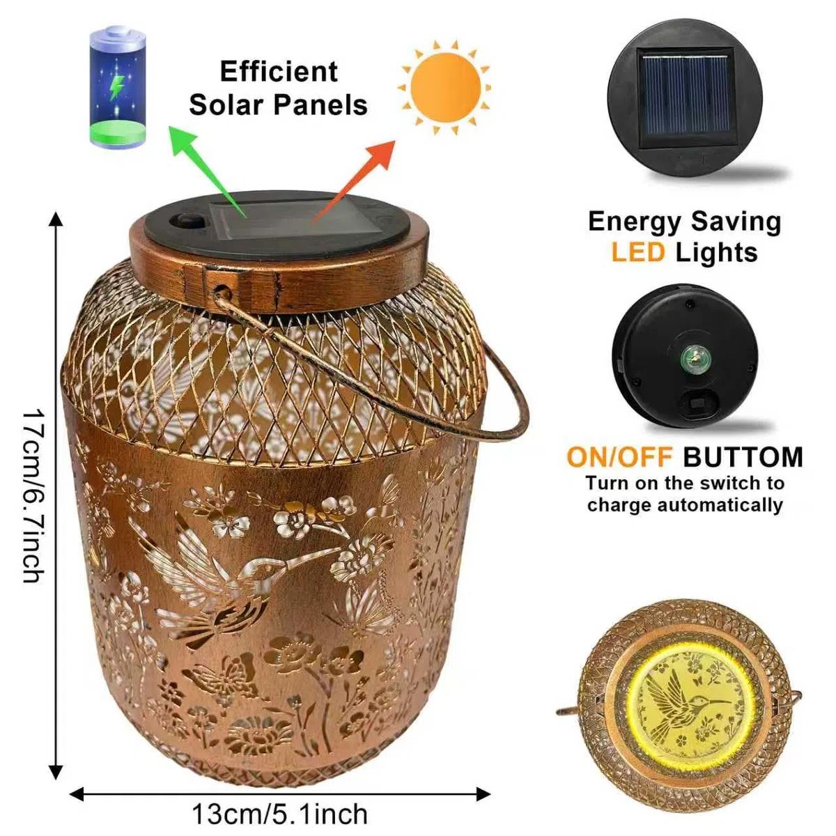 VEEKAY Lanterna Solare da Esterno,Lampade Solari da Giardino in Metallo,IP65 Impermeabile,Lanterna Decorativa Da Giardino per Tavolo, Esterni, Terrazzo, Balcone (Colibrì dei fiori)