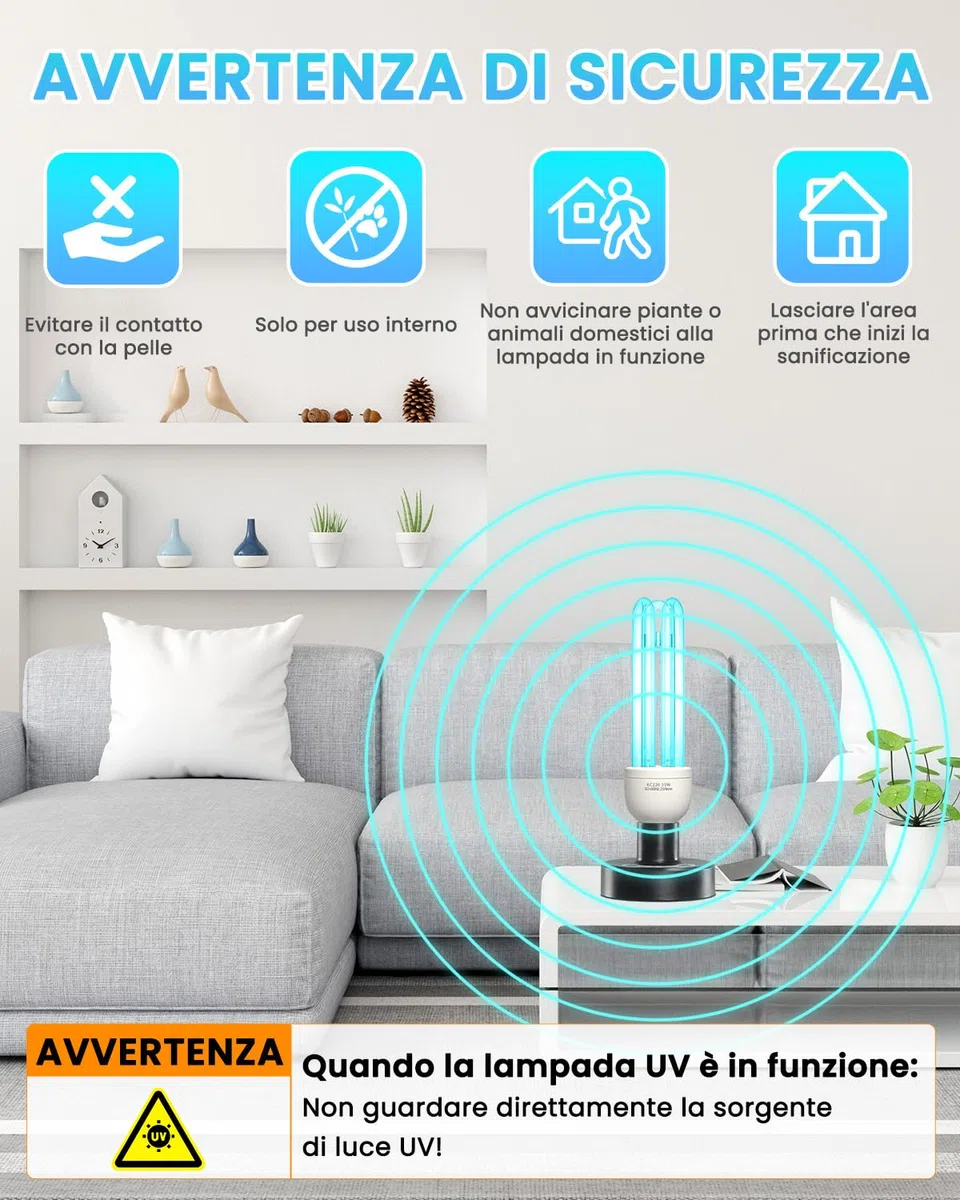Lampada UV Ozono Lampada Germicida Raggi UVC E27 35W 254nm con Tubo al Quarzo Brine Ozono Contro Batteri Virus e Acari AC220-240V per Case, Lavatoi, Uffici, Ristoranti e Scuola Aria fresca
