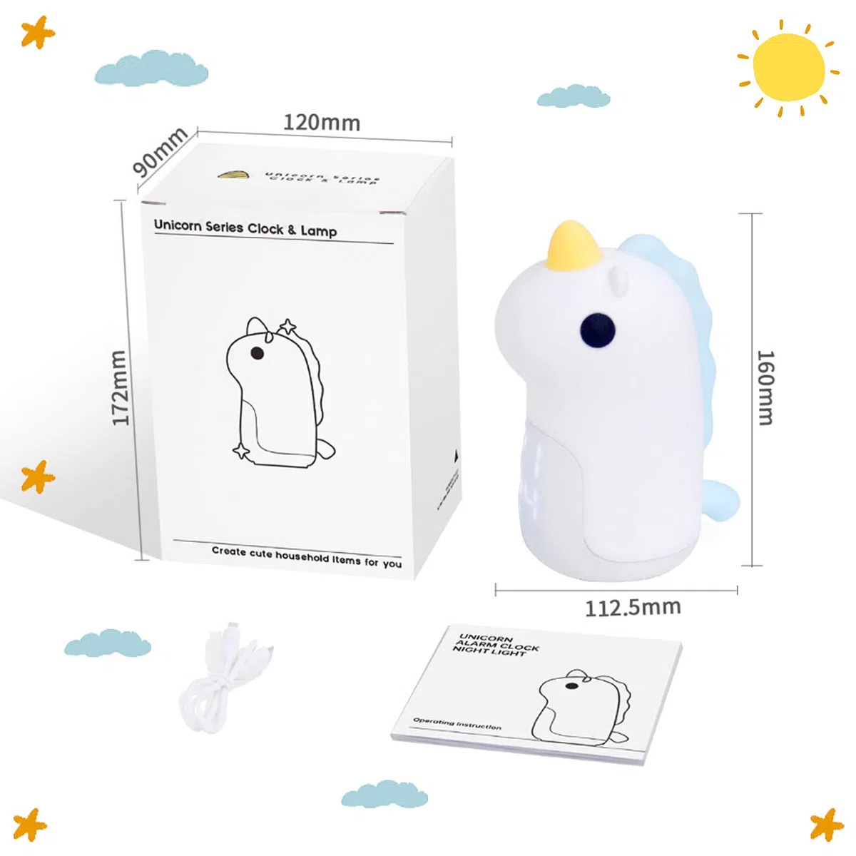 Unicorno Sveglia da Comodino con Luce Notturna Bambini, 3 Colori Dimmerabile Lampada Notturna Ricaricabile, in Silicone, Bel Regalo di Compleanno di Natale per Neonato, Bambina, Blu