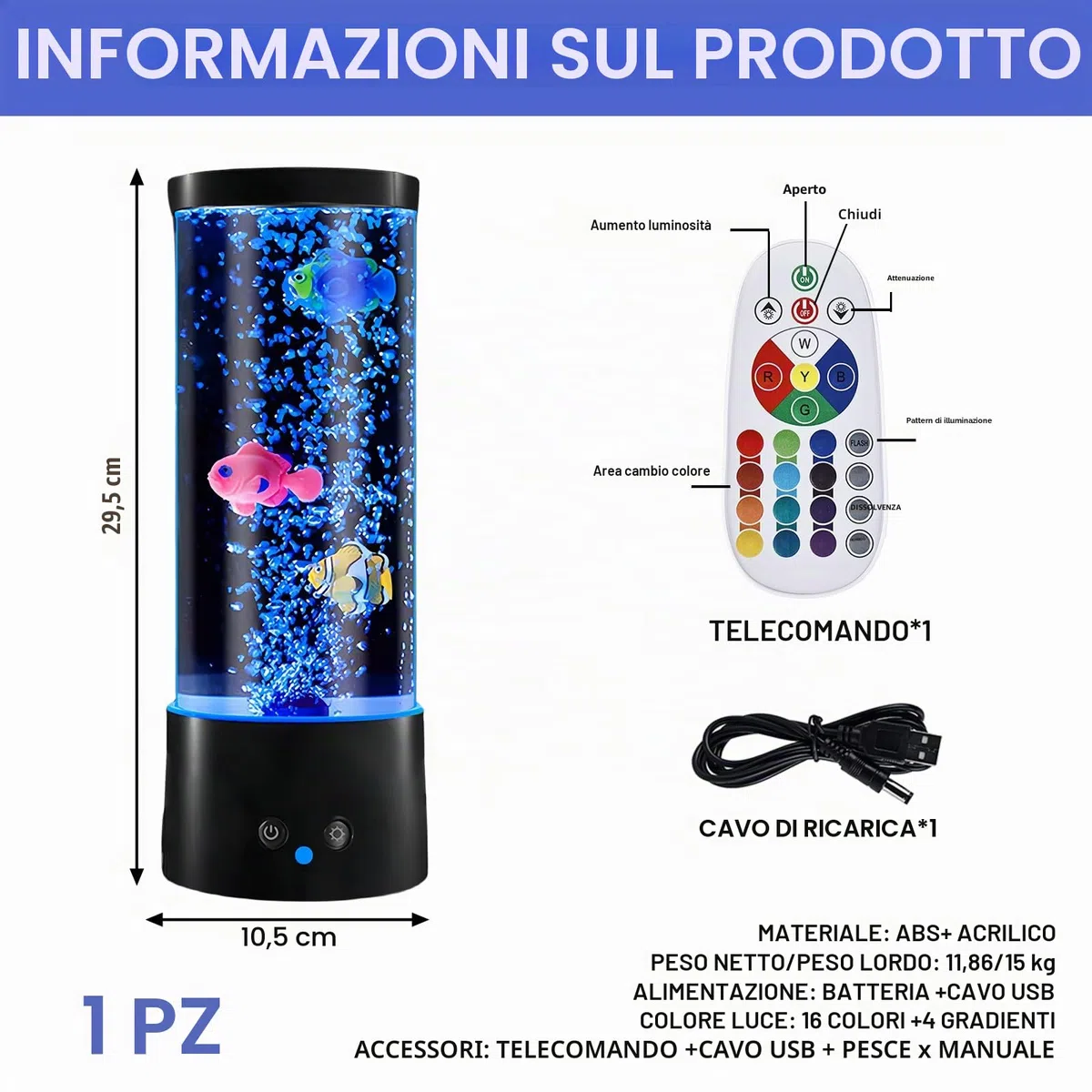 Lampada Lavica a Bolla Con Pesce - Telecomando, 16 Colori e 4 Modalità - Acquario d'Atmosfera LED Con Cavo USB per Casa, Camera da Letto