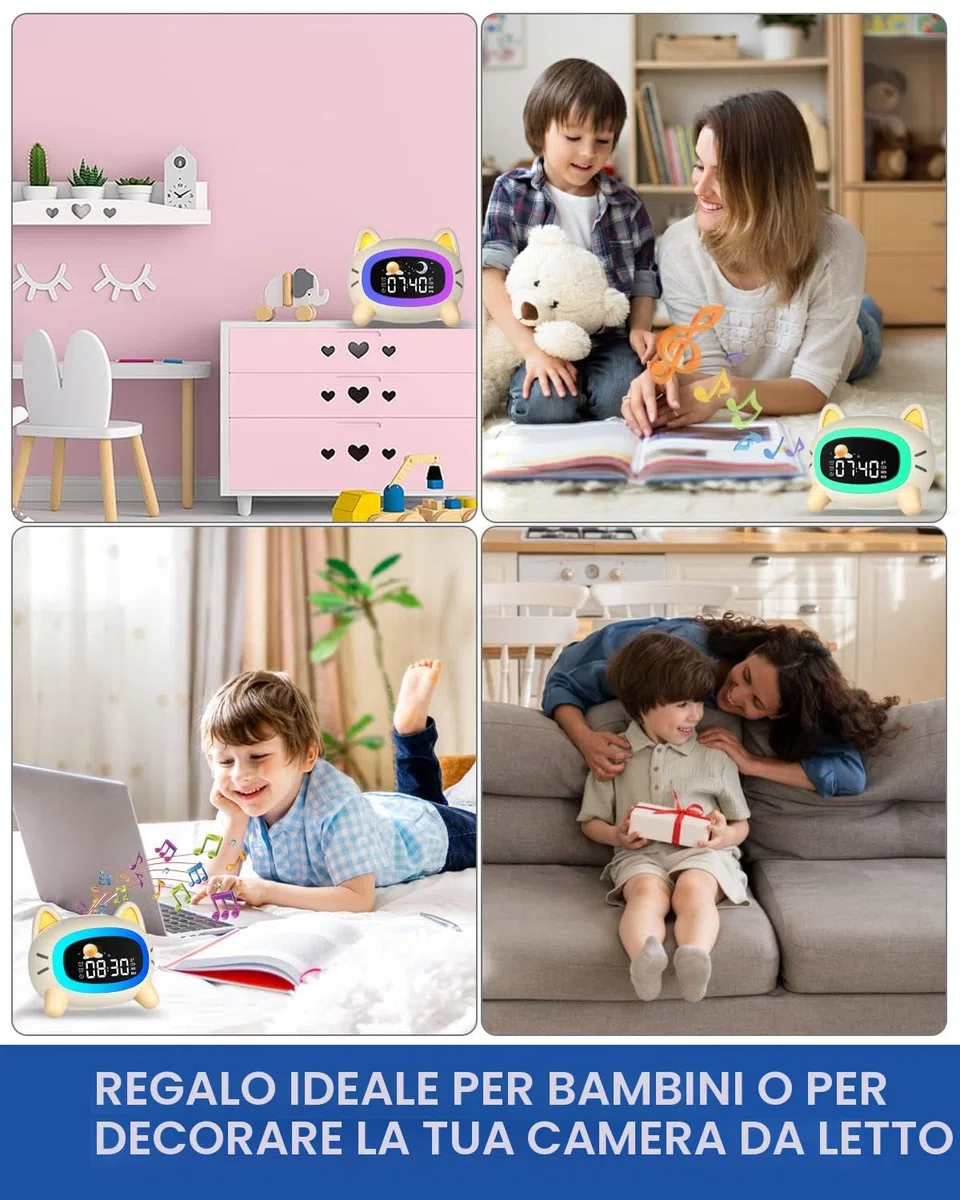 Uplayteck Sveglia per Bambini, Sveglia da Comodino per Bambine con 5 Luci Notturne & 4 Livelli di Luminosità, USB Ricaricabile Sveglie Luce Notturna con Snooze & 2 Allarme, Digitale LED con 7 Musica
