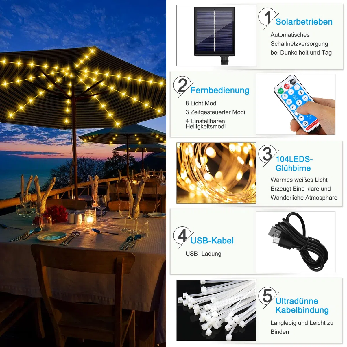 Illuminazione solare per ombrellone,104 LED Luci per Ombrelloni da Esterno con Telecomando e 8 Modalità,IP67 Impermeabile Catena di luci per ombrelli per Esterno, Giardino, Ombrelloni, Campeggio