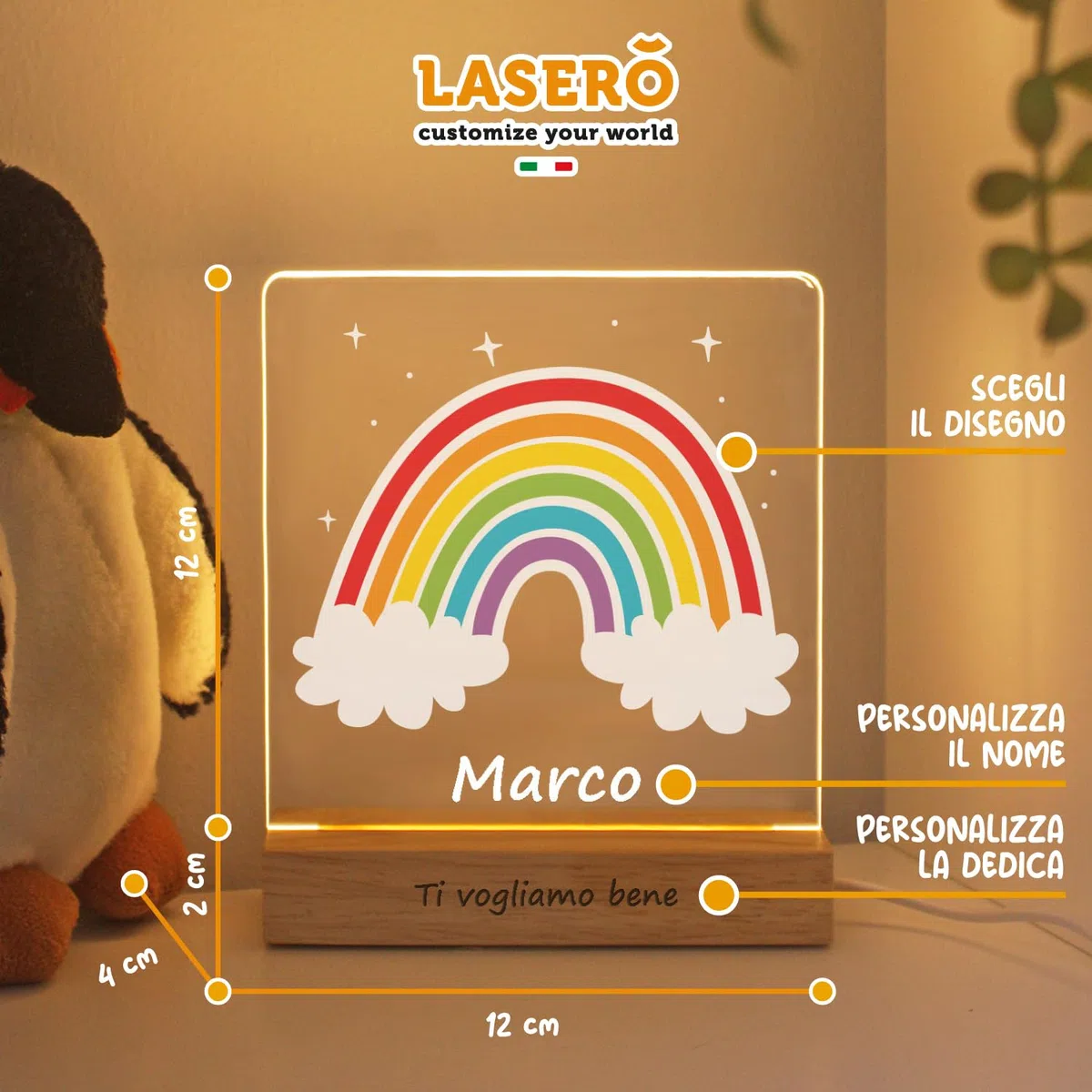 LASERO' Lampada Personalizzata con Nome - Lampada Arcobaleno Bambini e Neonati in Plexiglass Stampato UV – Luce Personalizzata con Nome e Base in Legno – Regalo Nascita o Battesimo (Arcobaleno)