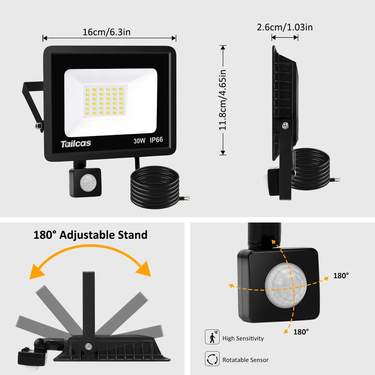 Tailcas Faretto Led da Esterno con Sensore di Movimento, IP66 Impermeabile Faro 2700LM, 36 Leds 6500K Bianca Fredda -Luce a Led da Interno ed Esterno per Garage Cortile Giardino (30 Watt)