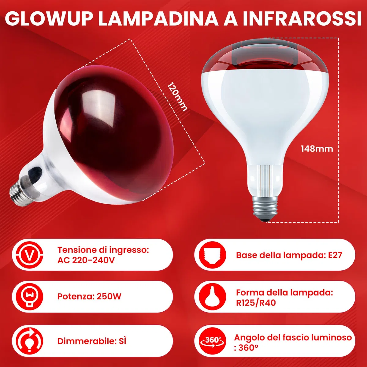 GlowUp Lampada Infrarossi Riscaldante E27, 250W R125 Dimmerabile Lampada Riscaldante per Pulcini, Rettili, Lampade Riscaldanti Cucina, Scaldaceni(2-pezzi)