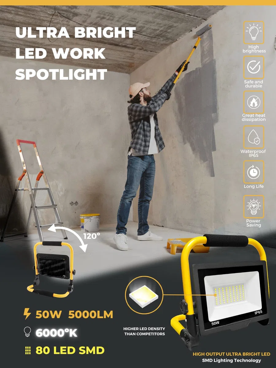 Faretto LED da Cantiere 50W, Faretto Portatile, Luce di Inondazione Bianca 6000K, 5000LM, Girevole a 360º, Impermeabile IP65, Pieghevole, cavo da 3 m. Illuminazione esterna, Officina, Lavoro, Garage