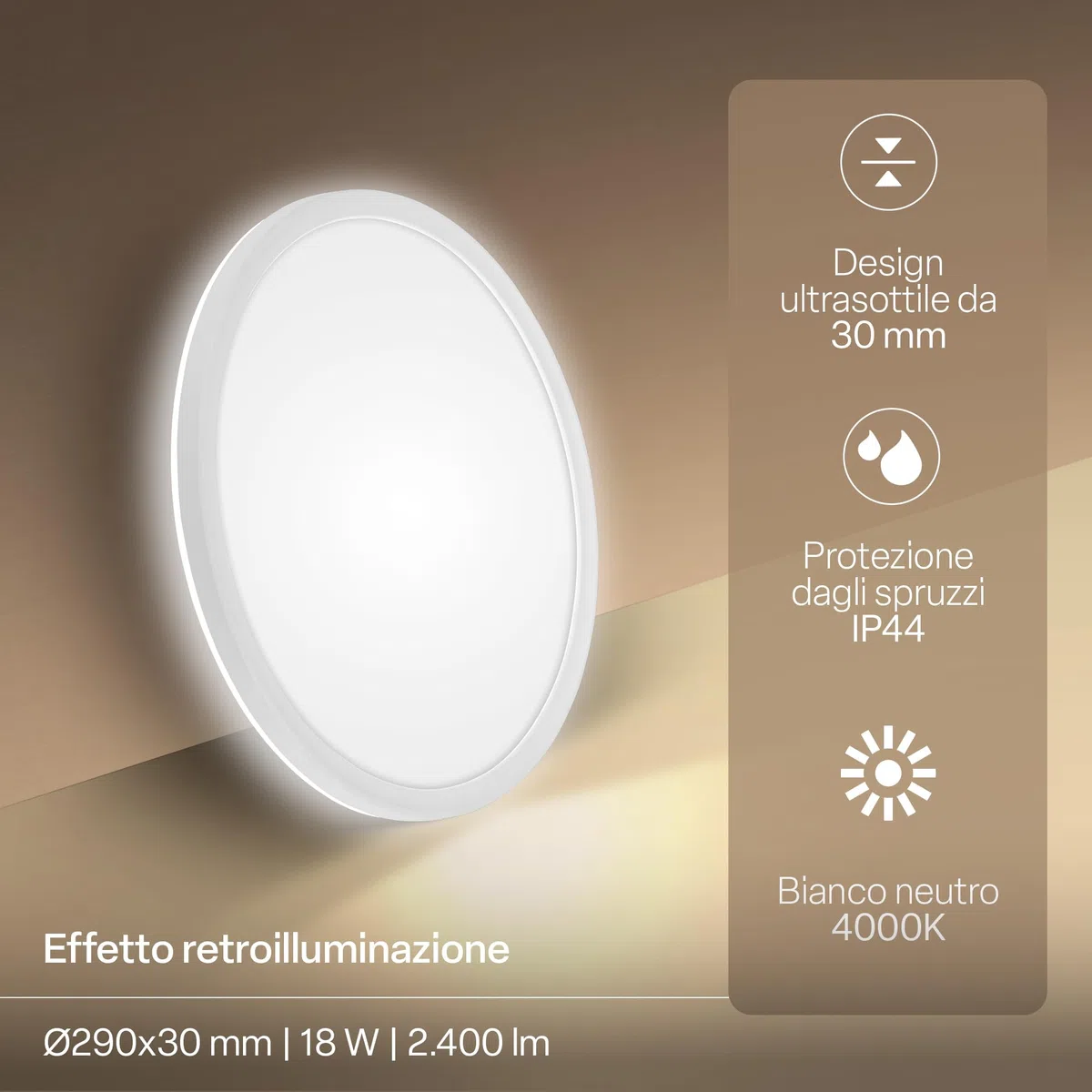 B.K.Licht - Pannello LED piatto con illuminazione indiretta, luce bianco neutro, protezione IP44, plafoniera bagno, plafoniera cucina, lampadario, lampada soffito, 29 x 3 cm, bianco