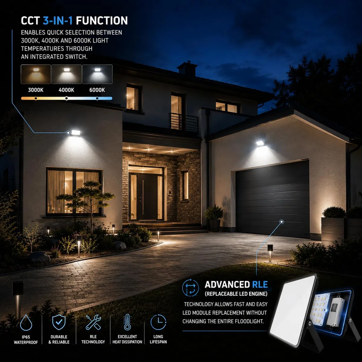 V-TAC Faro LED da Esterno 100W - [Chip Samsung + Tecnologia RLE + Innovativa Copertura in Policarbonato] - Alta Luminosità: 10000 Lumen - IP65 - Faretto LED Casa, Garage, Magazzino - Luce CCT 3 IN 1