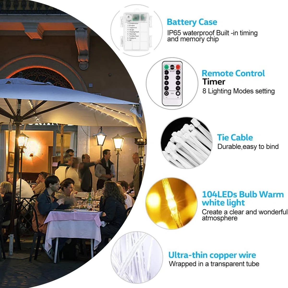 Luci per ombrellone, 104 LED impermeabili a batteria con telecomando, 8 modalità di illuminazione per esterni, patio, giardino, tende da campeggio (Bianco caldo)