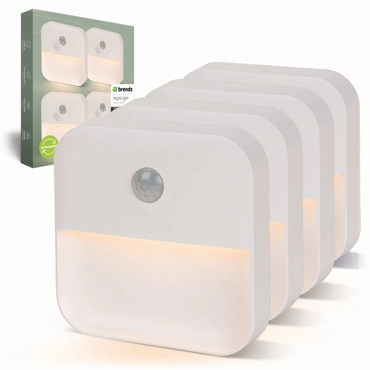 Brendz Luce LED per Scale con Sensore di Movimento, Ricaricabile USB-C, Magnetica, Bianco Caldo 3000K, Luce Armadio Senza Fili, Luce Notturna, Illuminazione Scale, Inuk, Confezione da 4