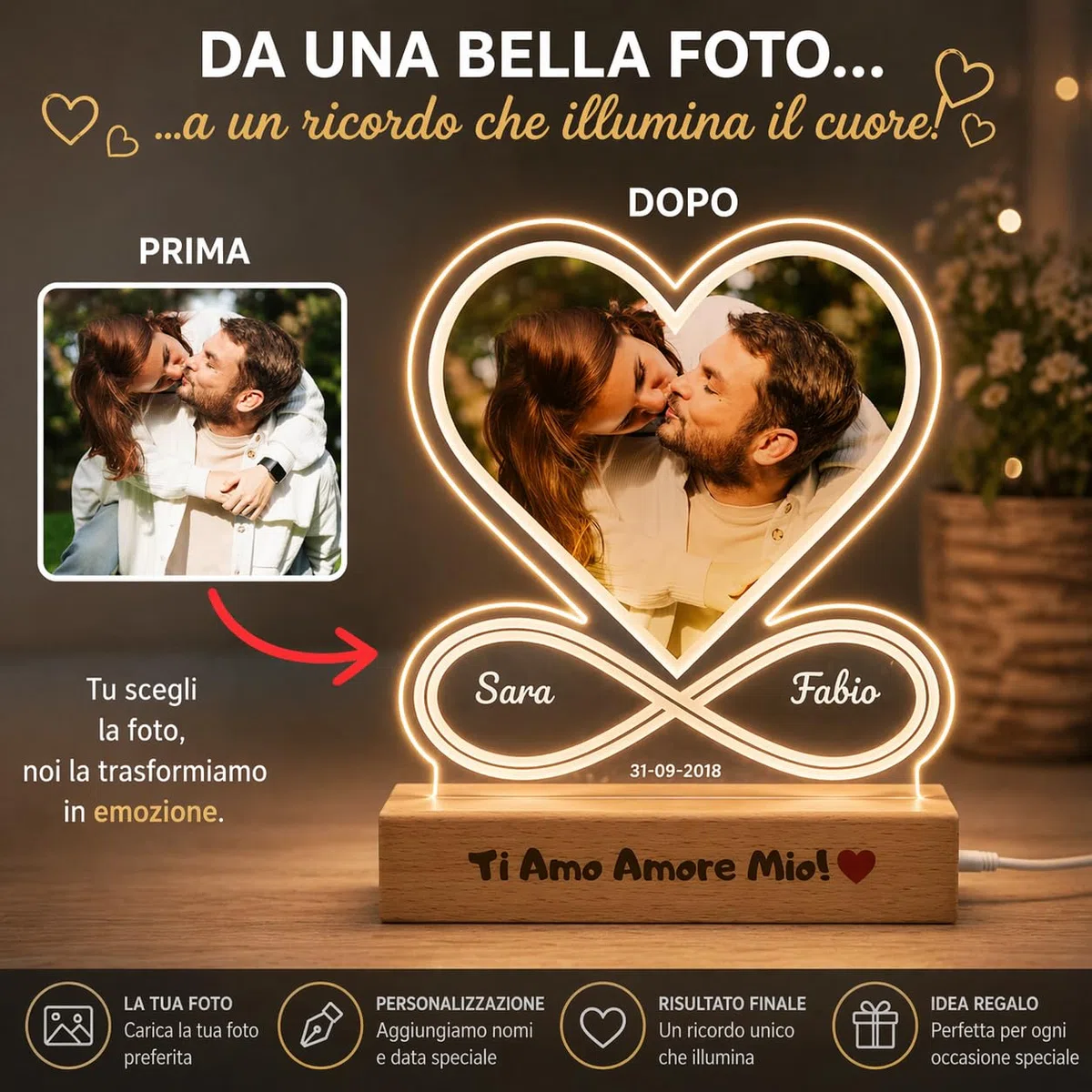 SBUGATTA |Lampada Personalizzata Con Foto |Idea Per lei e Lui |Festa della Mamma |idea San Valentino |Regalo Anniversario | Natale | Matrimonio(Cuore-Infinito)