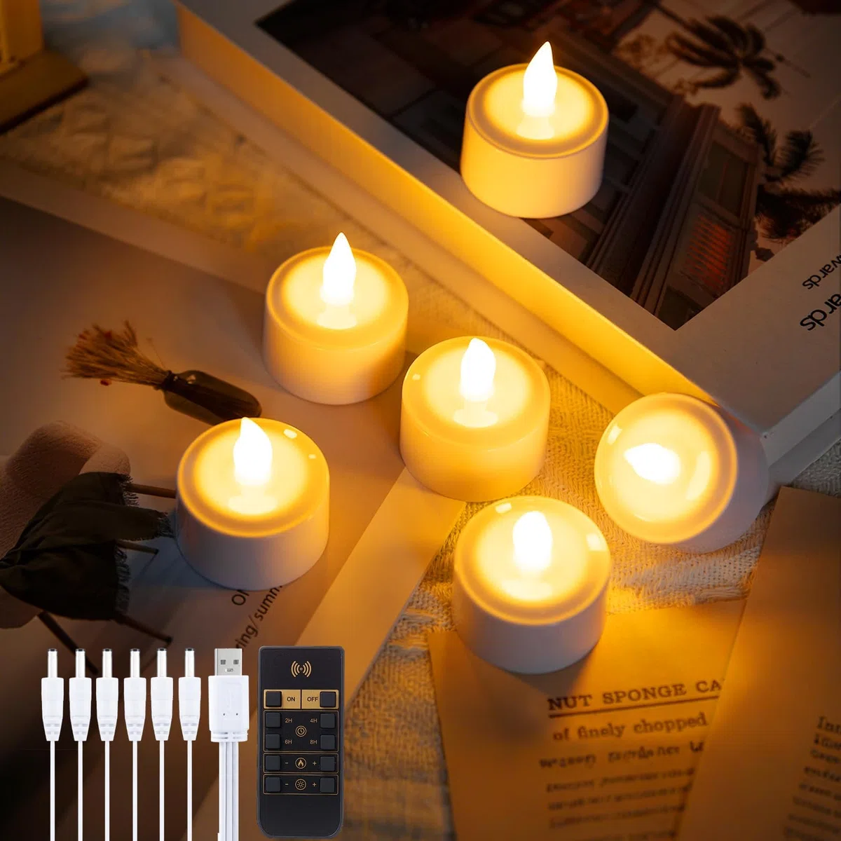 EXTSUD Candele LED ricaricabili | Confezione da 6 candele elettriche a LED con telecomando e timer, ricarica USB, senza fiamma, con 5 livelli di luminosità, per matrimoni, Halloween, Natale, festival