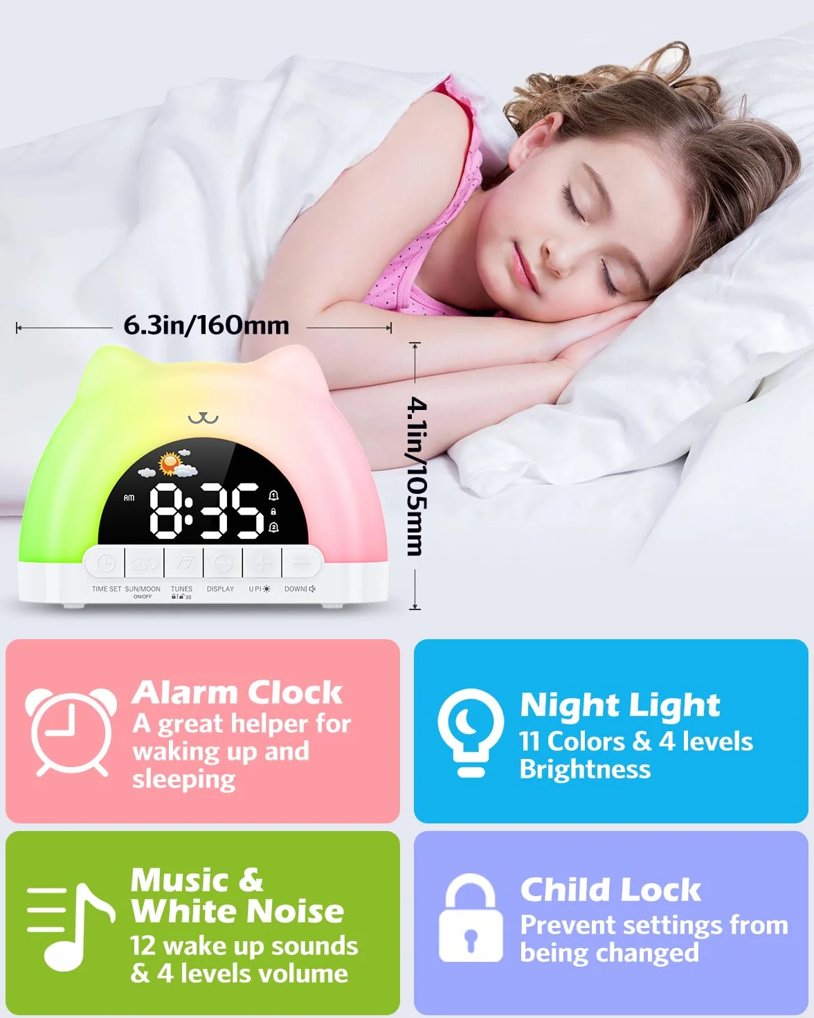 Sveglia Bambini Giorno Notte, Sveglia da Comodino con Luce Notturna a 11 Colori RGB, Snooze, 2 Allarmi, Sveglia Digitale per Bambini con Luna e Sole, Addestratore del Sonno per Bambini