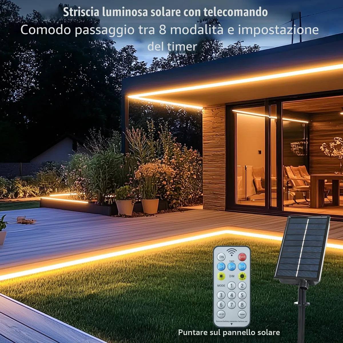 echosari Striscia di Luci LED Solari per Esterni, 5M 320 Luci LED Striscia con Telecomando 8 Modalità Luci Solari da Giardino per Esterni Impermeabile Corda Luminosa per Recinzione Portico Gazebo