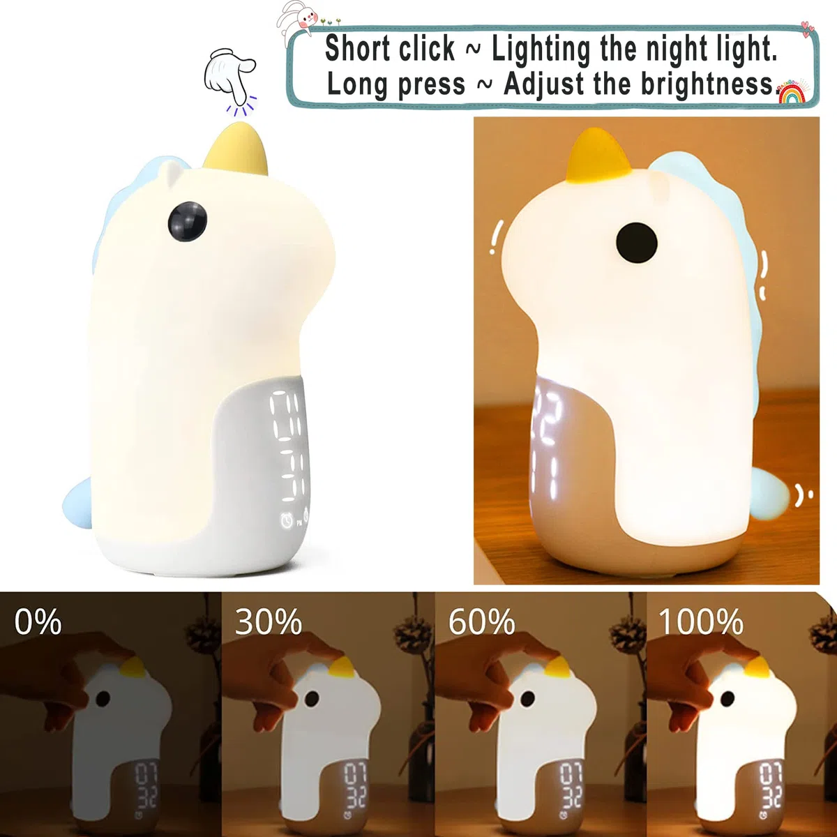 Unicorno Sveglia da Comodino con Luce Notturna Bambini, 3 Colori Dimmerabile Lampada Notturna Ricaricabile, in Silicone, Bel Regalo di Compleanno di Natale per Neonato, Bambina, Blu