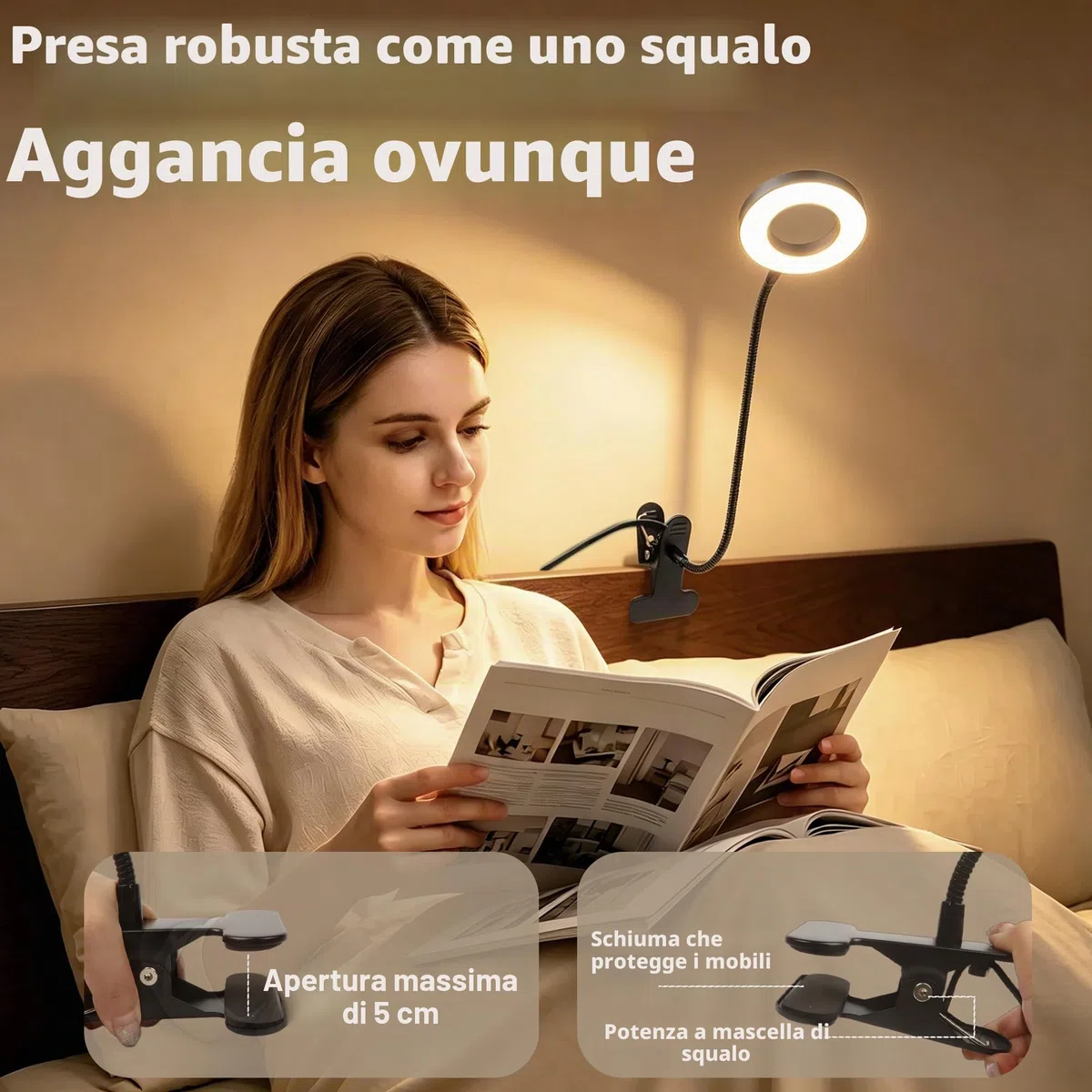 Akynite Lampada da Scrivania USB con Pinza e Timer, Adattatore incluso, 5 Colore 10 Intensità, Lampada Pinza Nera, 48 LED Lampada con Clip, Flessibile Lampada da Lettura Letto