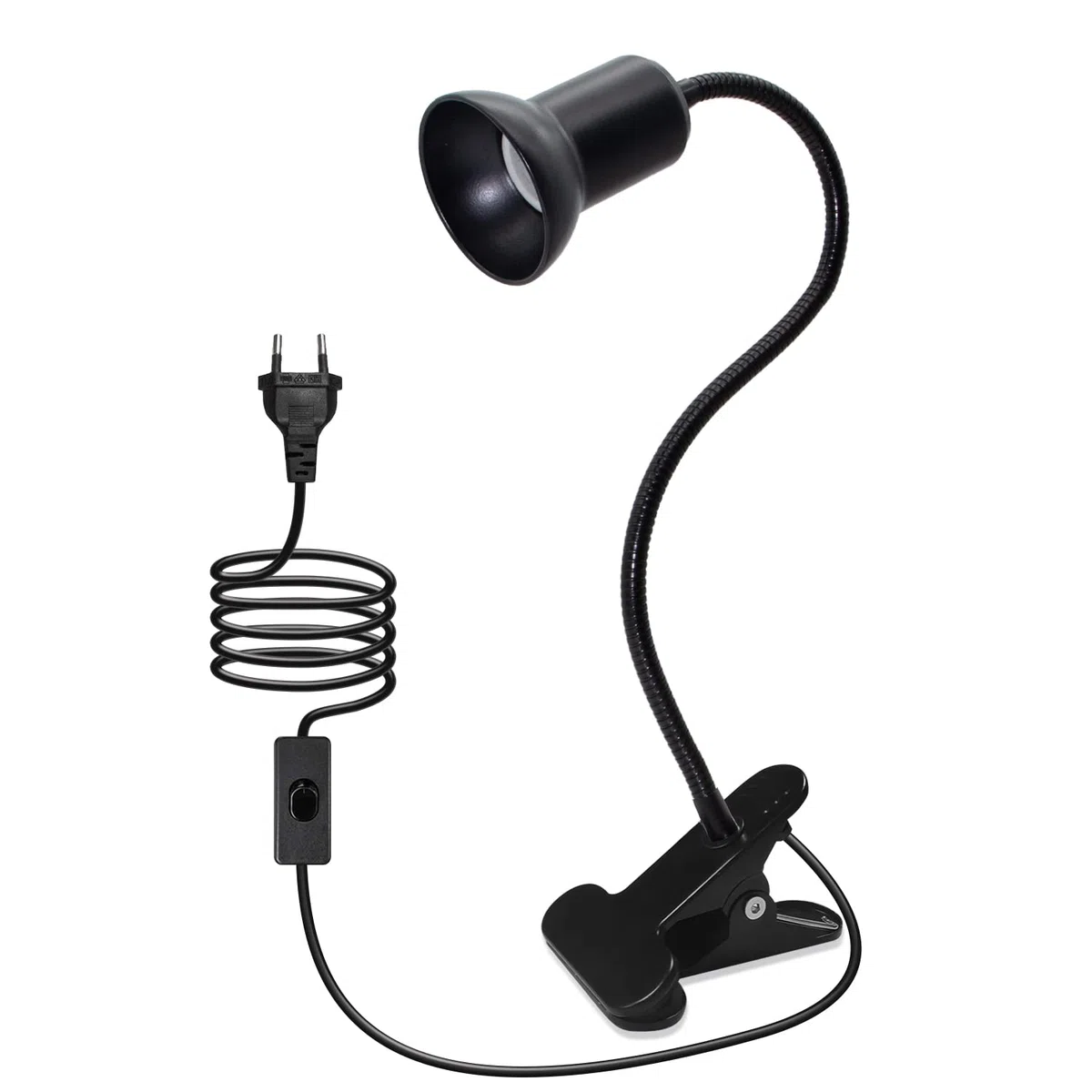 Lampada da Lettura con Pinza Lampada da Scrivania a Clip LED con 40cm Collo di Cigno Flessibile Luce da Letto a Clip con 220cm Cavo E27 Lampada a Morsetto per Rettili, Max 75W (Switch-Nero*1)
