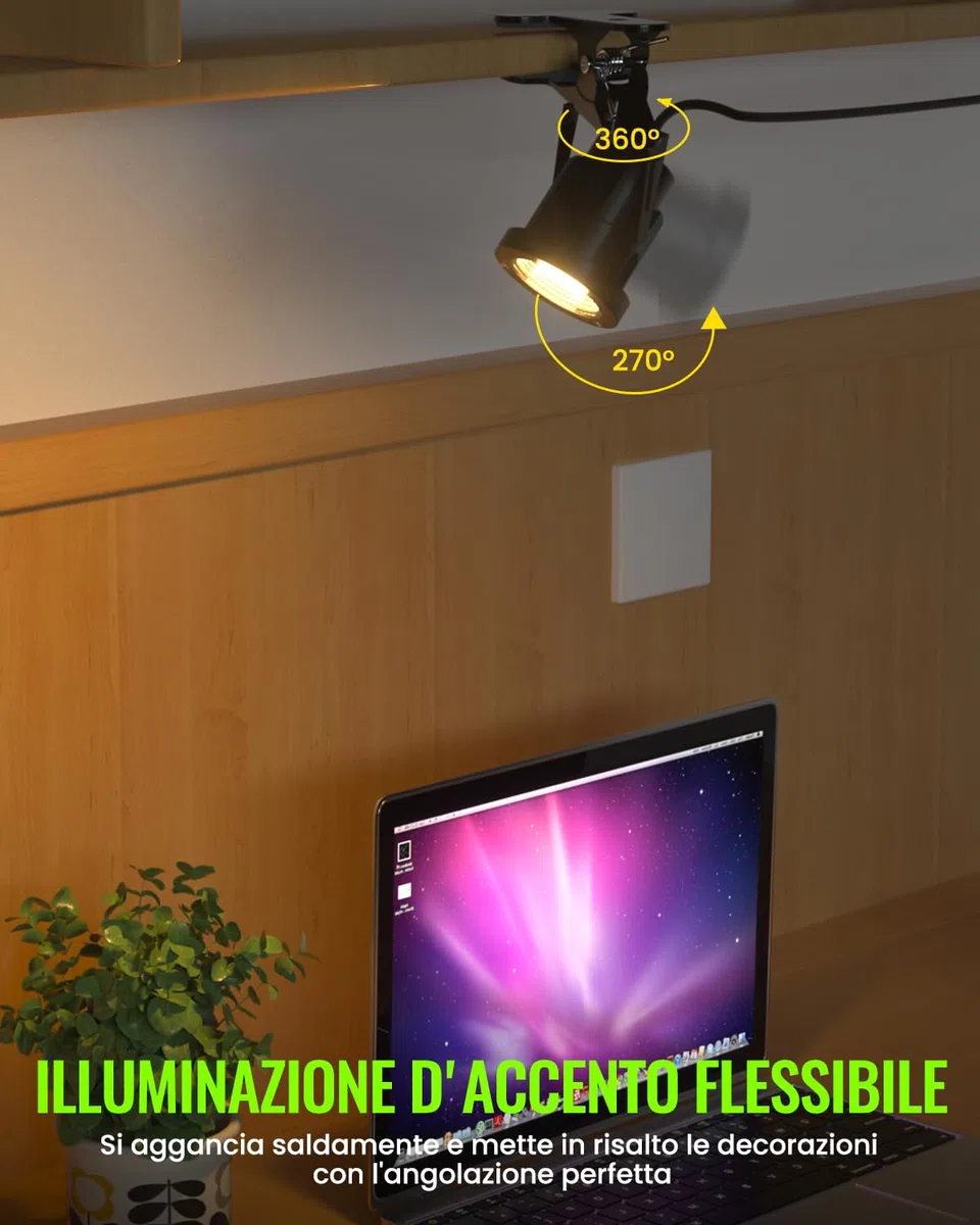 LED Faretto Morsetto a Pinza con Spina, IP65 Resistente all'Acqua Faretto da Interno e Esterno per Pianta, 7W Lampada Spot LED con Interruttore On/Off, Bianco Caldo 3000K, Cavo da 1,78 m