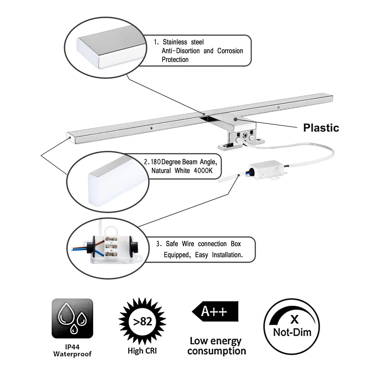 Aourow Lampada Specchio a LED/Lampada Specchio Bagno 10W 820lm 40cm Bianco Neutro 4000K,IP44 230V,Lampada LED Armadio in Acciaio al Nichel-Cromo,Lunghezza Prodotto:400mm