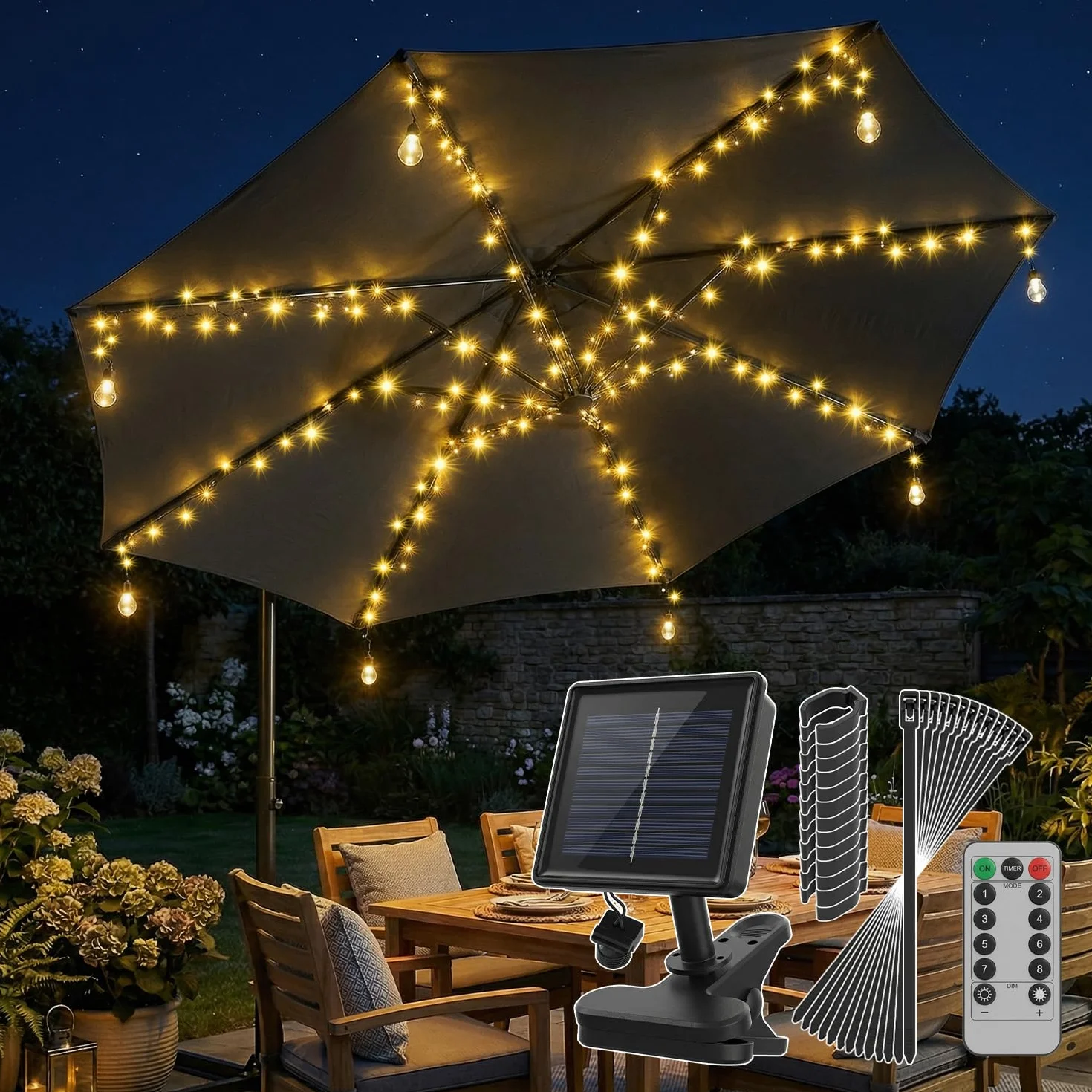 Sekey Luci per Ombrellone da Esterno Solare con 136 LED & 8 Lampadine, Catena di Luci per Ombrellone, Valida anche per Ombrellone Decentrato, 8 Modi + Telecomando, per Terrazzo Spiaggia