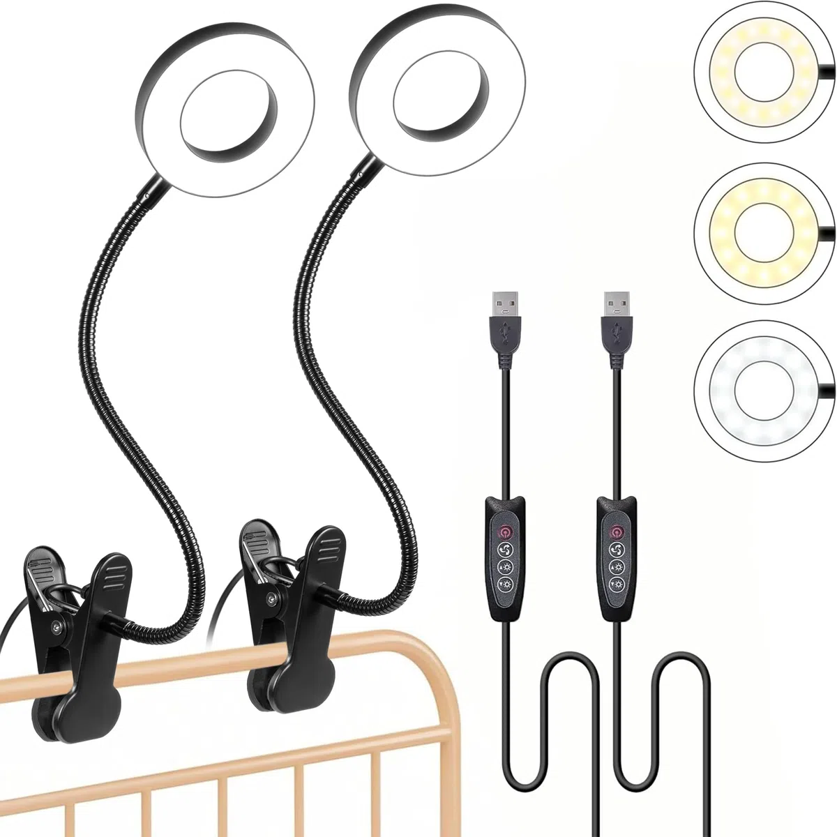 Foneso Lampada da Scrivania con Pinza, 48 LED, 3 Livelli di Luminosità, Blocca 99.9% Luce Blu, Lampada da Lettura per Letto, Libro, Lavoro, Tavolo(Nera,imballaggio da 2,senza spina)
