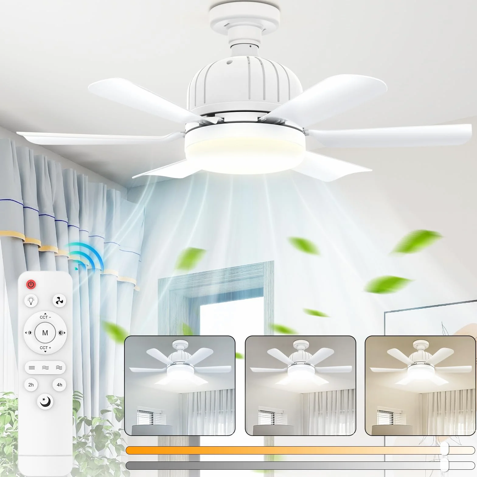 Ventilatore da soffitto con luce e telecomando - Ventilatore da soffitto silenzioso E27 da 46 cm con 3 livelli, lampada LED dimmerabile, 3 livelli di vento, timer 2/4 ore, per la stanza (bianca)