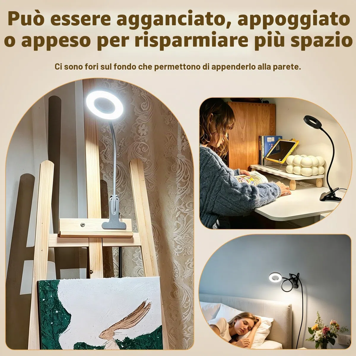 Akynite Lampada da Scrivania USB con Pinza e Timer, Adattatore incluso, 5 Colore 10 Intensità, Lampada Pinza Nera, 48 LED Lampada con Clip, Flessibile Lampada da Lettura Letto