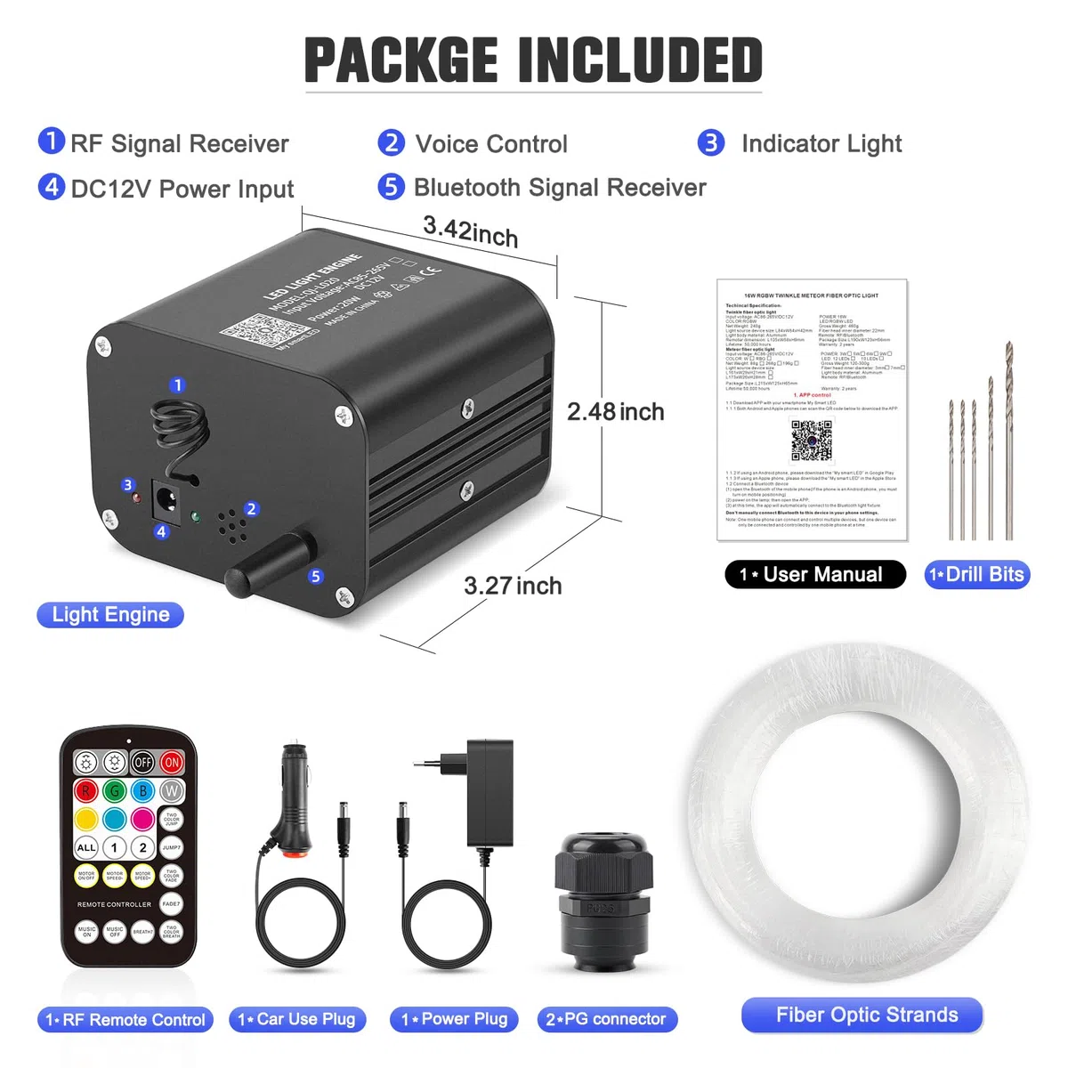 20W Twinkle RGBW Fibra Ottica, 800pcs of (0.75+1.0+1.5mm)*3 Meter Cielo Stellato LED Con APP Bluetooth/Remote/Controllo Musica, Fibra Ottica Cielo Stellato per Auto/Casa/Teatro