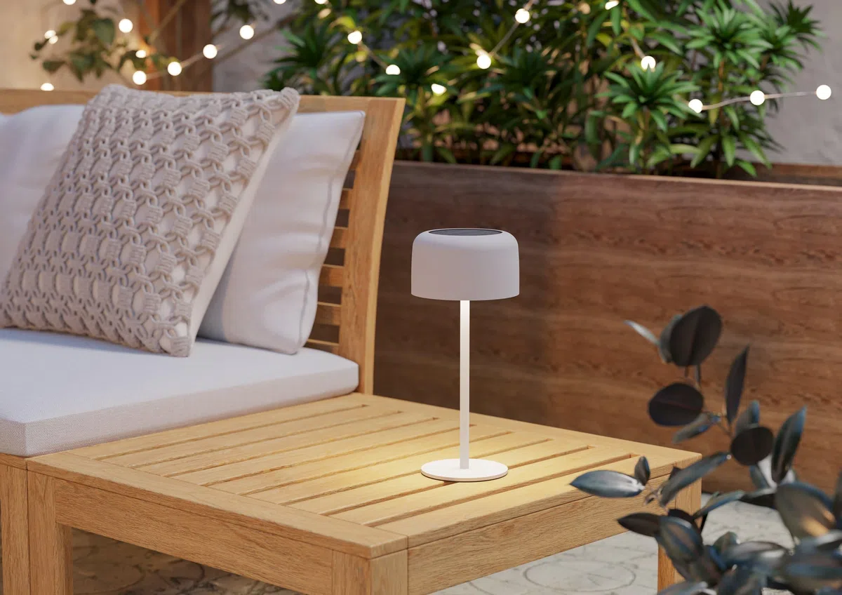 Eglo Lampada da tavolo a energia solare Roccanova, per esterni, touch, dimmerabile in 3 livelli, per balcone e giardino, acciaio bianco, colore luce: bianco caldo, IP44