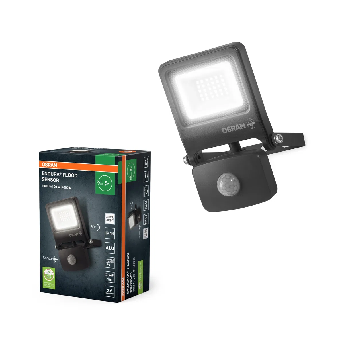 OSRAM Proiettore LED ENDURA FLOOD PC 20W con sensore, 4000K, 1800 lumen, IP44 con rilevatore di movimento IR, tempo/lux regolabile, grigio scuro