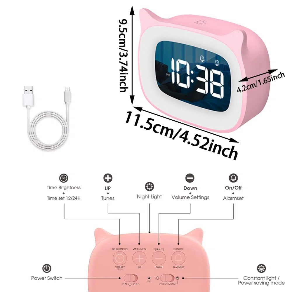 Sveglia Digitale Bambini, sveglia da comodino digitale 18 Musica allenamento del sonno per bambini Doppia Sveglia con Snooze LED Wake up Light Funzione di Ricarica, Rosa