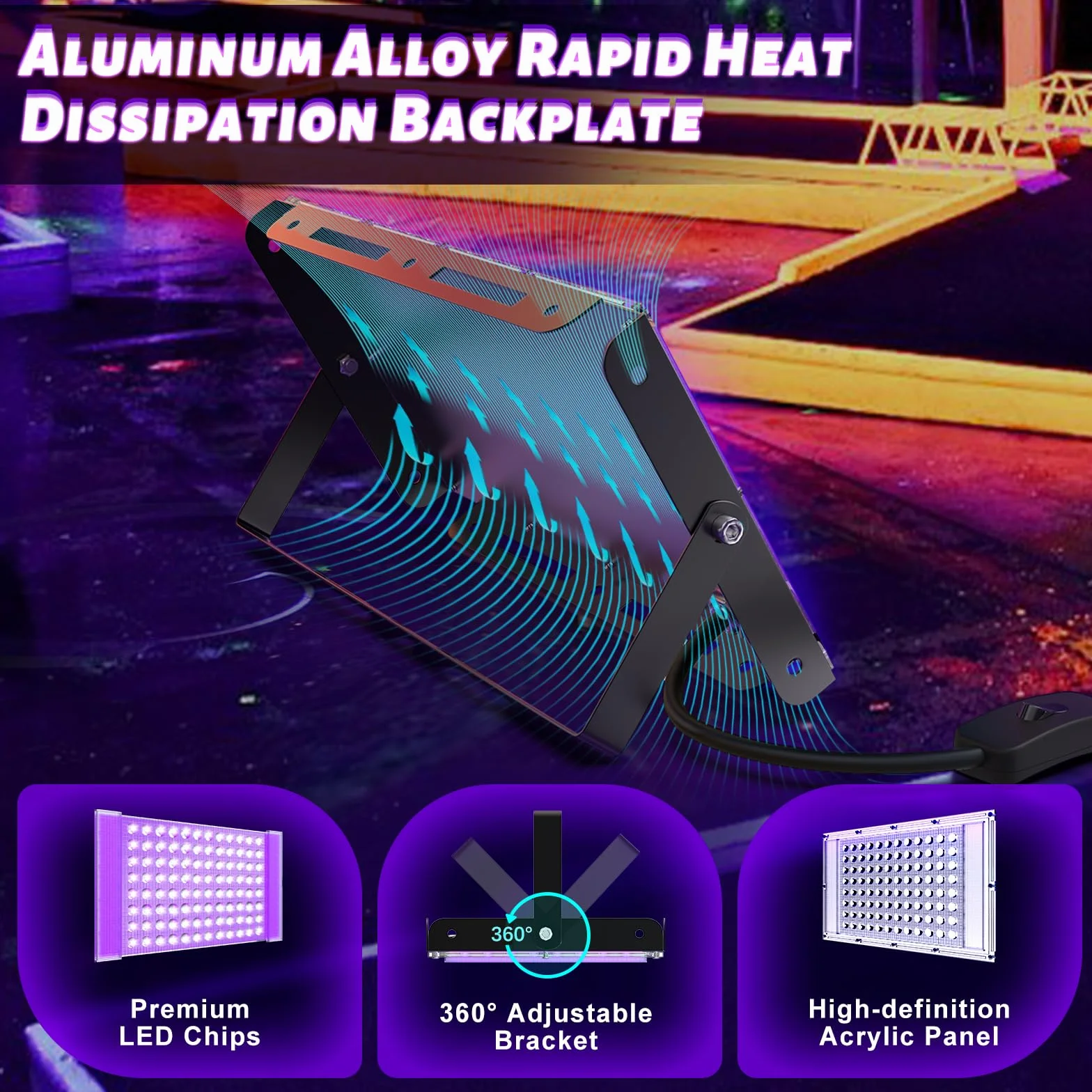 Glostars 100W LED Luce Nera, Potente Faretto UV, IP66, Lampada UV 395-400 nm con Interruttore per Festa di Natale, Luce della Sera, Festa Glow, Esterno (1 confezione)