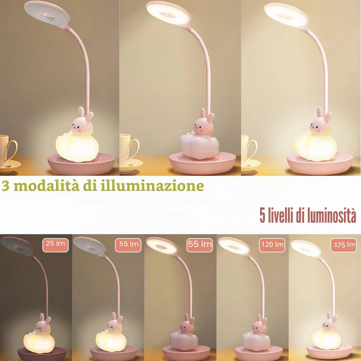 Lampada da Scrivania Bambina, Led Lampada da Tavolo 5 Luminosità 3 Modalità, Lampada Lettura Bambini Ricaricabile, Luce da Tavolo Bambini Senza Fili, Lampada da Scrivania Ragazza, Coniglio Rosa