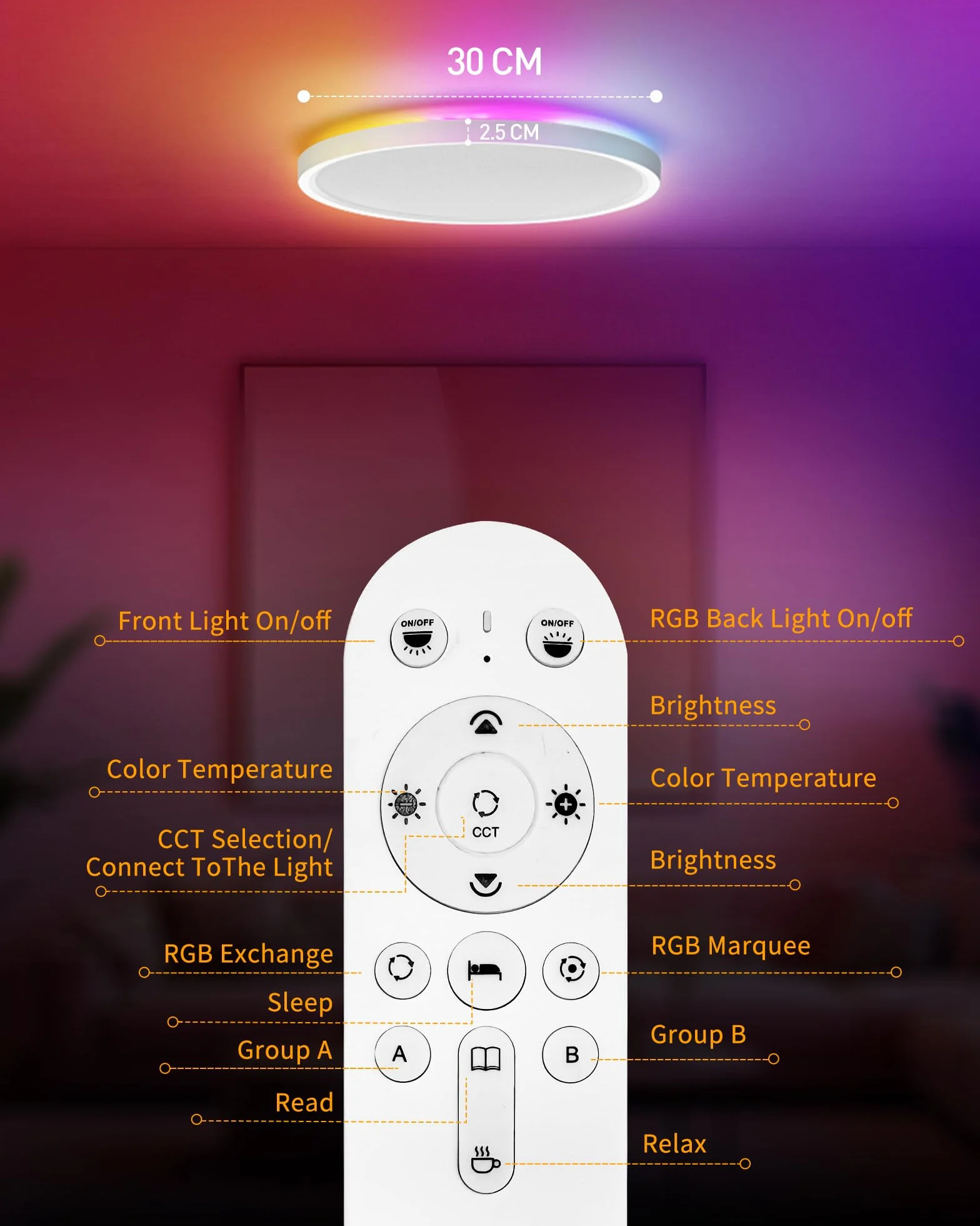 Plafoniera LED Smart Dimmerabile 24W con Telecomando e Controllo WiFi – Lampada da Soffitto Ultra Sottile con Retroilluminazione RGB, Alexa e Google Assistant, per Soggiorno e Camera