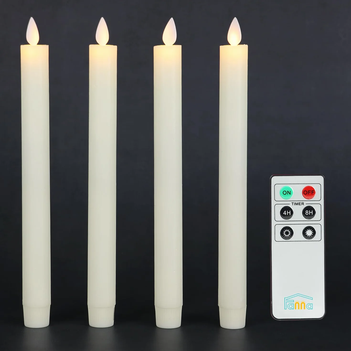 Fanna Set di 4 Candele Led Fiamma Oscillante, Candele Avorio Coniche con Telecomando e Batterie, Natale Decorazione luminosa Uso Interno H 24 cm