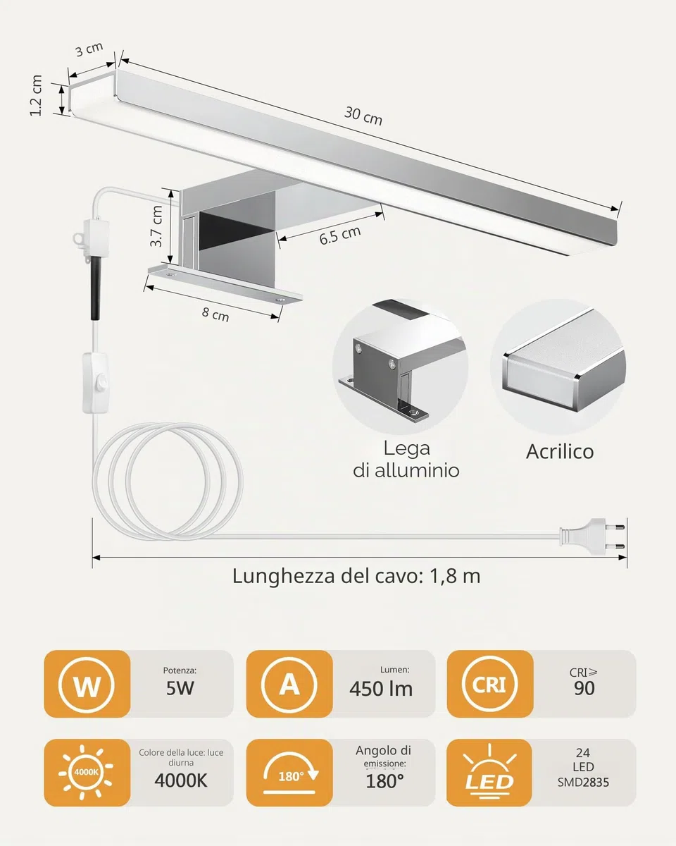 Hommie LED Applique Bagno, Luce Specchio Bagno 30CM con Interruttore, 5W/4000K, Lampada Specchio Bagno Bianco Neutro per Lampada da Armadio, Luce per Trucco, Impermeabile IP44