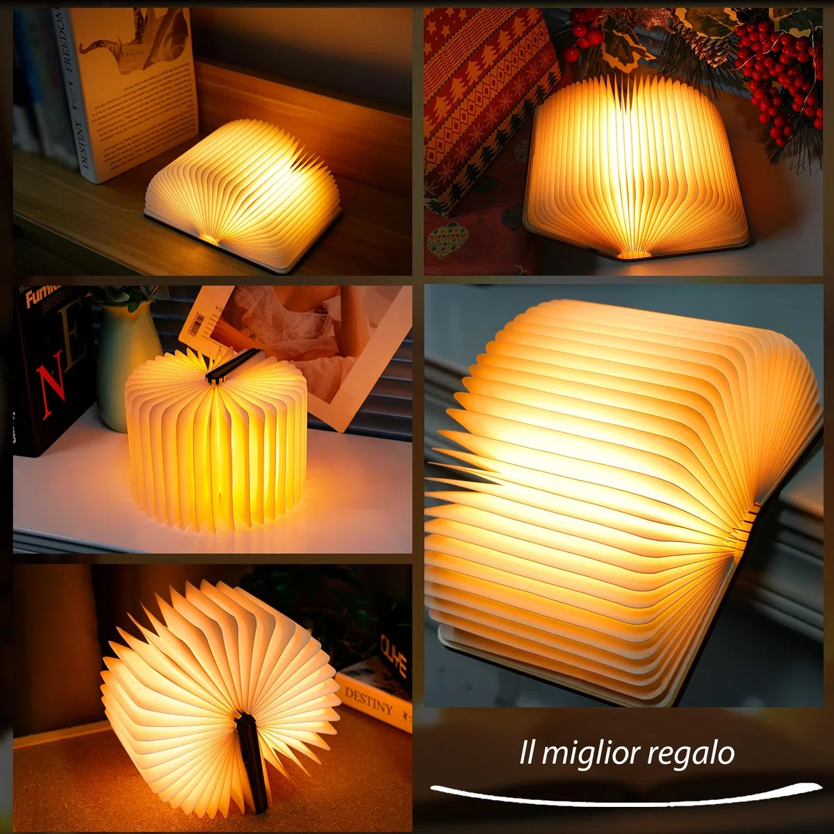 TRUMPETS Lampada Libro Led Pieghevole in Legno Mood Lights, Luci notturne 2500mAh Ricarica USB-C, Idea Regalo Originale Compleanno e Natale (12cm | Bianco caldo)