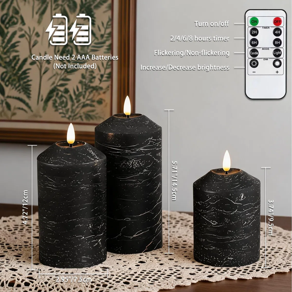 Candele LED Senza Fiamma set 3,Real Wax Pilastro, Candela a Batteria Senza Fiamma con Timer e Telecomando Candele LED per festa, decorazione abitativa, campeggio, matrimoni (Nero)
