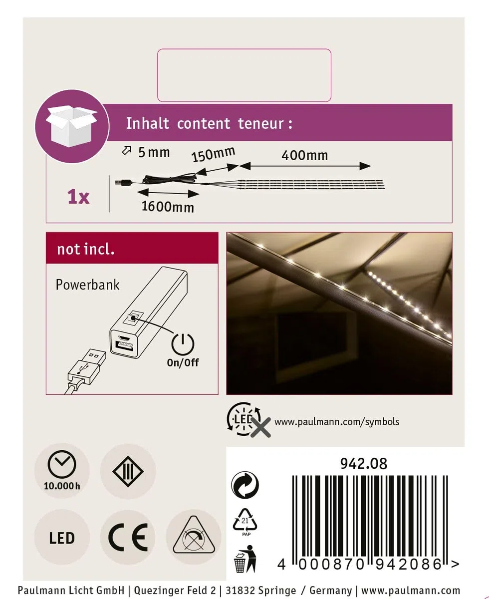 Paulmann 942.08 Luce Outdoor Mobile Parasol di Lighting Ip44 3000 K Lampada Per Ombrellone 4 x 0.4 M Luce Nastri Led Stripes, Plastica, 0.1 W, Nero, 40 x 0.5 x 0.3 cm