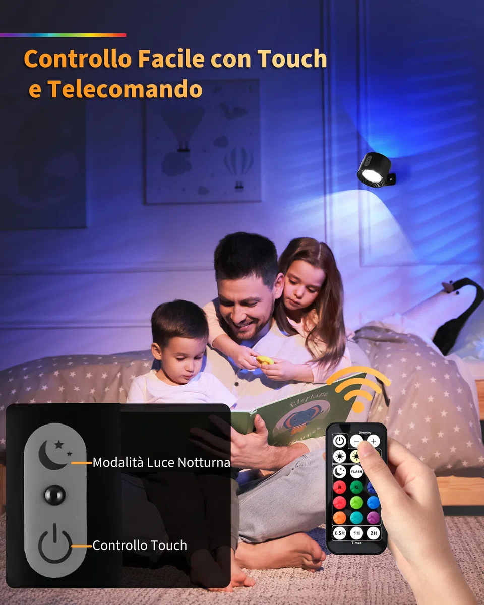 Set 2 Applique da Parete Senza Fili Ricaricabile LED per Interni, Nero, Lampada da Parete RGB 7 Colori Dimmerabile con Telecomando, Touch e Timer, per Camera da Letto Bagno e Cucina