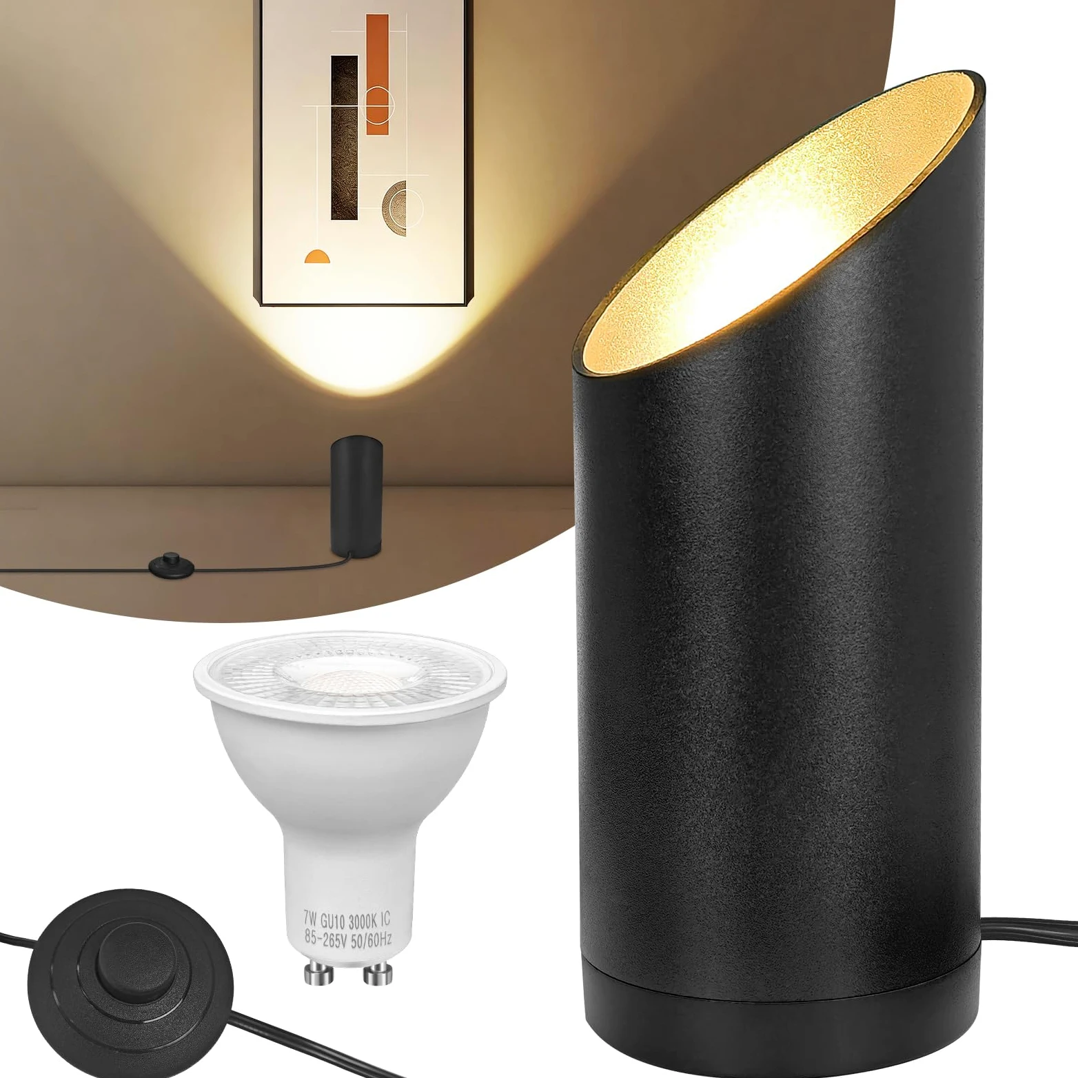 Idealife LED da Terra, Lampada da Terra 7W per Interni, Faretti da Muro 3000K Bianco Caldo con Lampadina 520LM LED GU10, Faretto con Interruttore a Pedale per Piante, Decorazione, Arte, Lettura