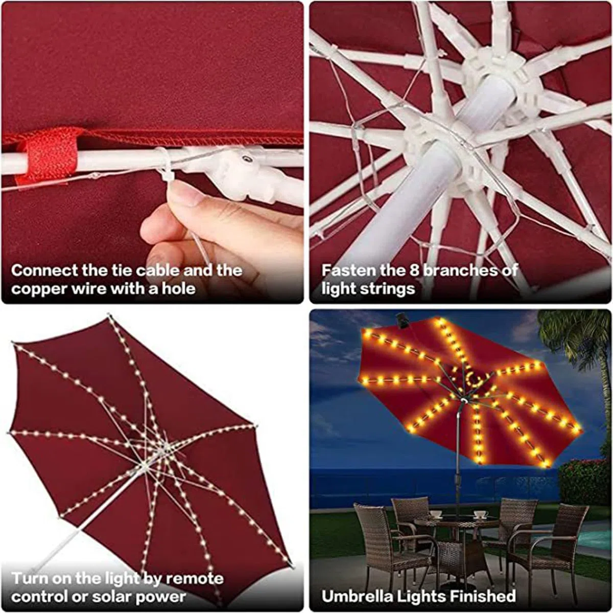 Outdoo - Ombrello a energia solare a LED con ricarica USB, con telecomando e clip, 8 modalità di illuminazione, per campeggio, giardino, decorazione per feste