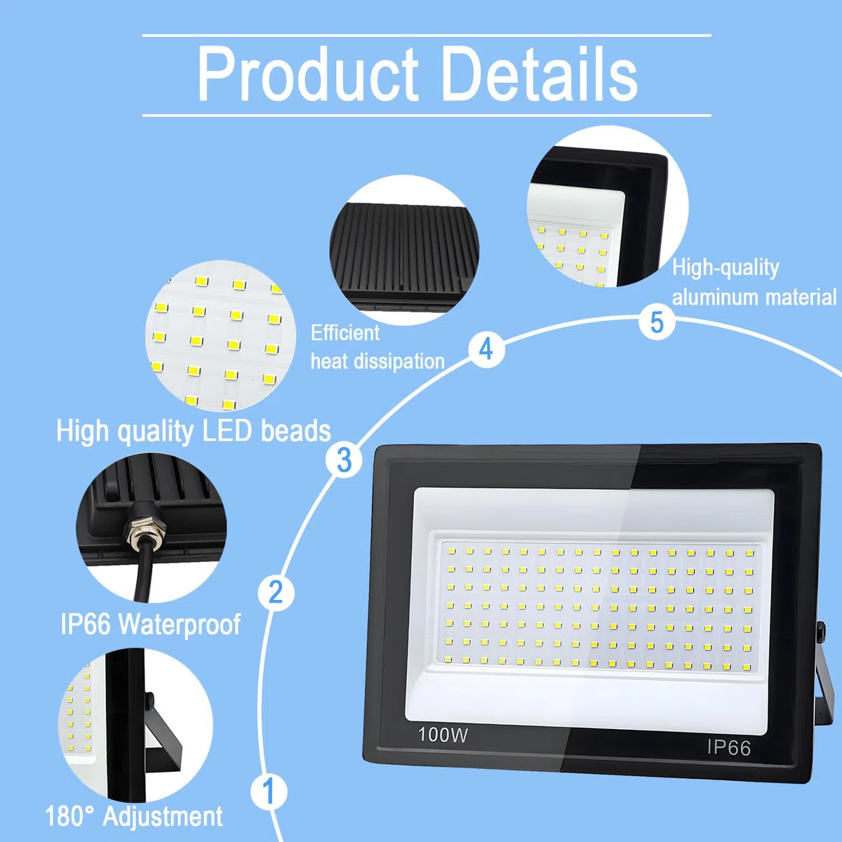 Faro LED Esterno 100W, 1M Cavo Bianco Freddo 6500K, IP66 Impermeabile Farettdao led esterno, 10000LM Faretti LED Esterno, per Giardini, Terrazze, Cortili, Piazza, Parchi, Garage, Fabbriche