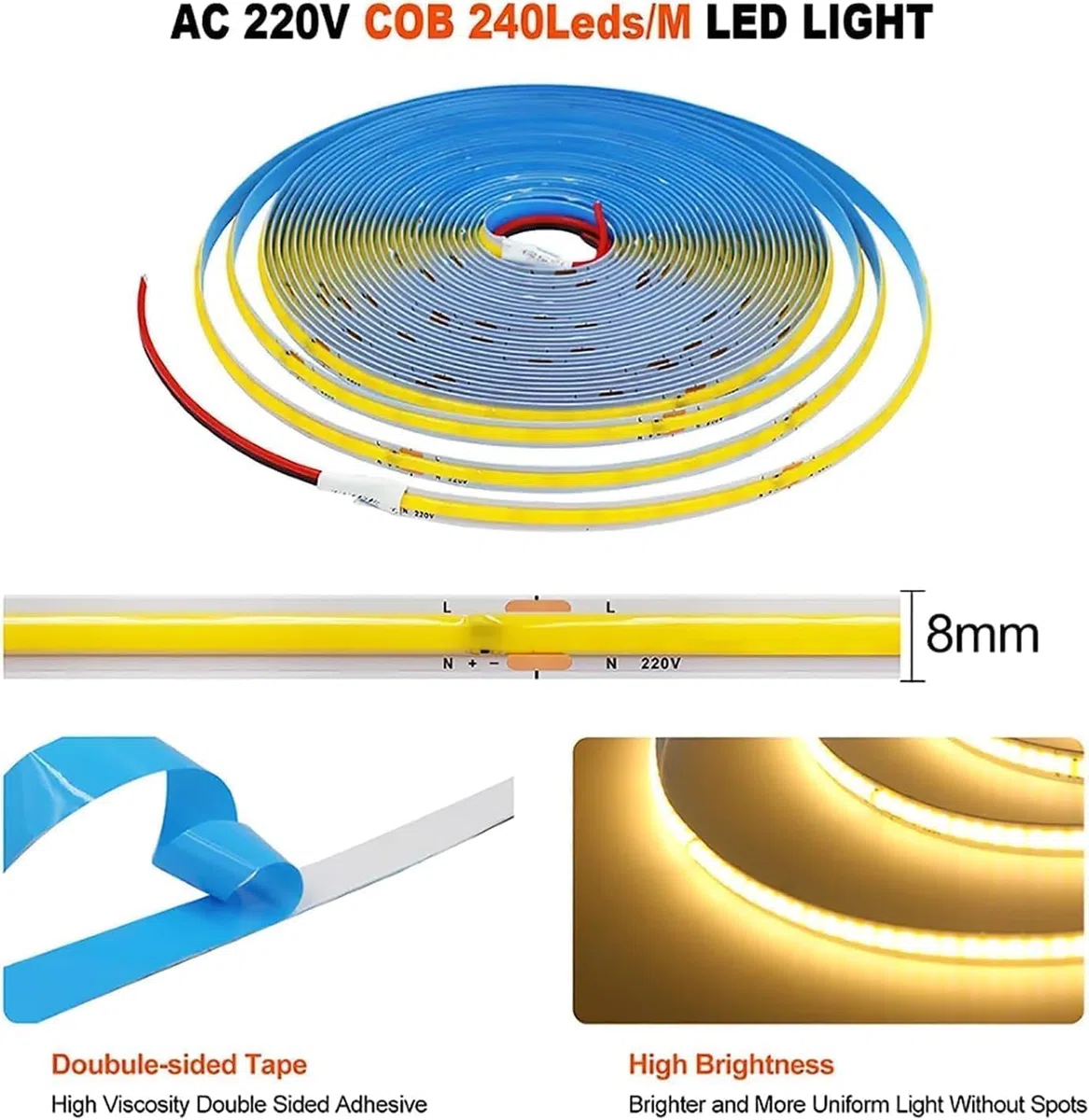 Striscia COB da 5 m AC 220 V, 296 leds/M, IP20, 3000 K, 4000 K, 6000 K, pilota costruita in decorazione per la casa, flessibile, corda a LED (5 m, 6000 K, bianco freddo)