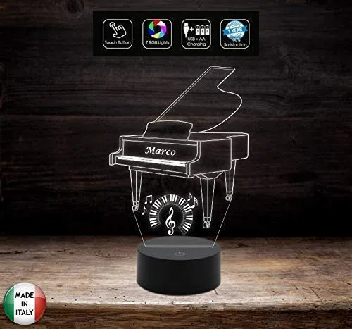 Generico Idea Regalo Musicista Piano Lampada LED Pianoforte Personalizzabile con Nome Musica - Acrilico e ABS - 7 Colori