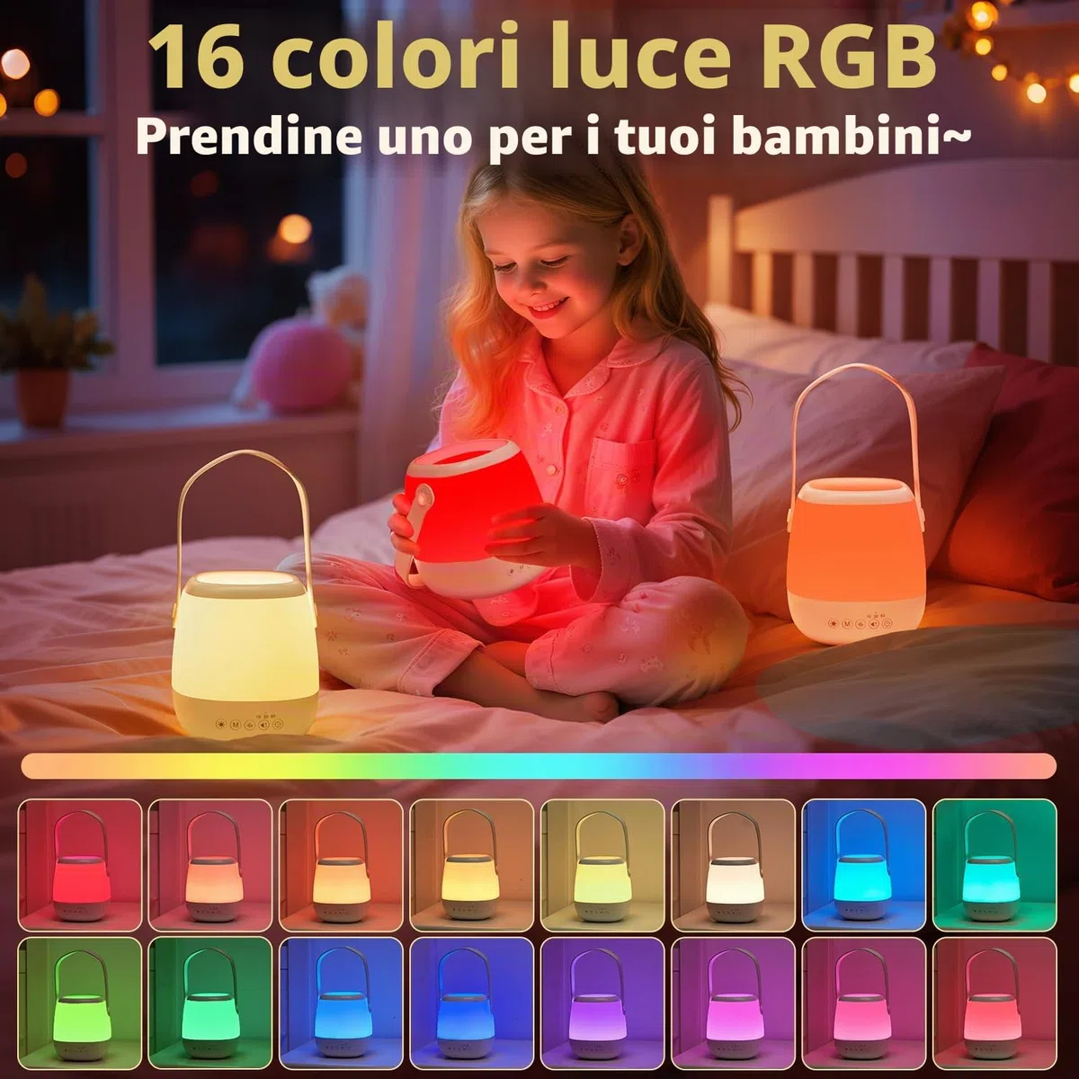 One Fire Lampada da Comodino, 16 Colori 5 Luminosità Luce Notturna Neonato,16 Rumore Bianco 6 Lullaby Lampade da Comodino, Telecomando Timer Lampada Notturna Bambini,USB Ricaricabile Lampada Comodino