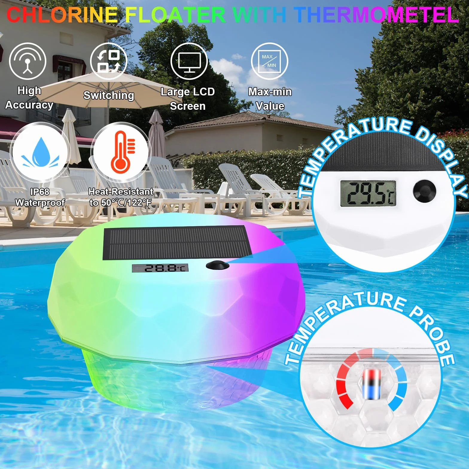 Luci Solari per Piscina con Termometro Digitale,Luci Galleggiante per Piscina Galleggianti Cambia Colore RGB con Telecomando Impermeabile IP68 per All'aperto Piscina Spa Festa Giardino
