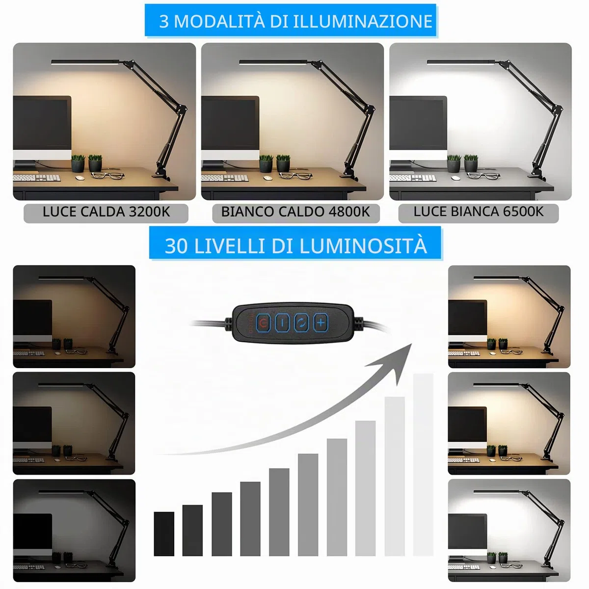 SKYLEO Lampada da Scrivania a LED - da Tavolo con clip - per la cura degli occhi - 3 modalità di luce x 10 livelli di luminosità - Nero