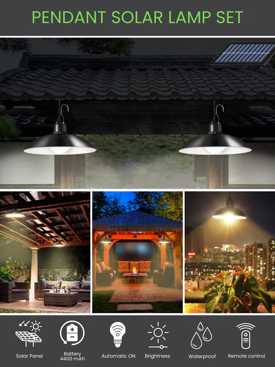 2 Lampade a Sospensione Solari da Esterno con Pannello Solare. Luci 30LED impermeabili IP44 con Telecomando e Cavo da 3 m. Illuminazione Calda 3500K per Giardino, Terrazzo, Patio, Garage.