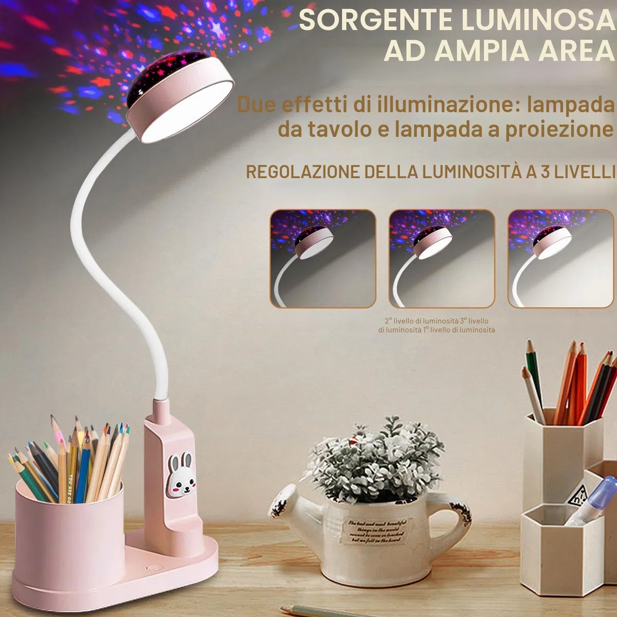 Aicharynic Lampada da Scrivania per Bambini: Lampada da Notte LED con Port penna, Lampada da Tavolo Dimmerabile con Proiezione di Stelle, Regolabile a 360°, per Cameretta (Rosa)